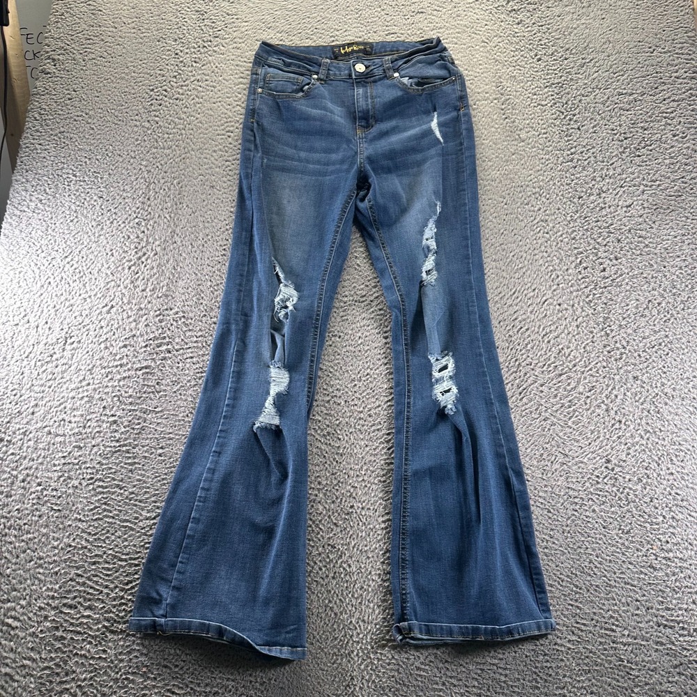 Indigo Rein Jeans Womens 9 Blue Cotton Denim Flared Workwear Distressed Stretch